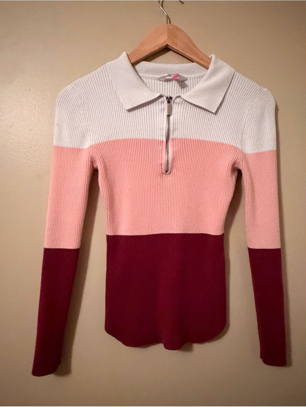 No Boundaries White, Pink & Burgundy Ribbed Half-Zip Polo Sweater